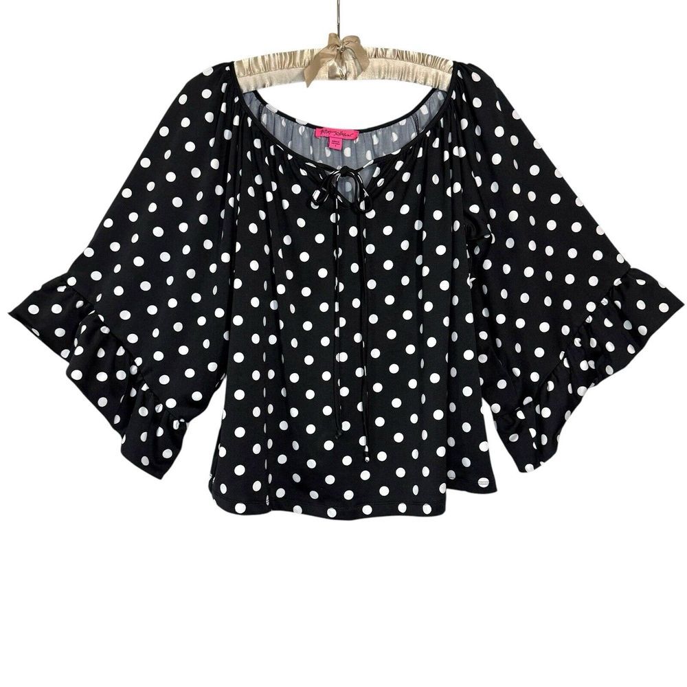 Betsy Johnson Top S Cape Sleeve Black‎ White Polka Dot Shirt Popover Tie Blouse